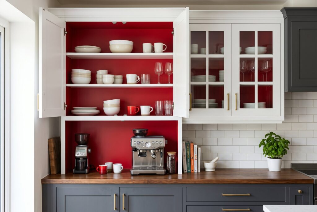 Stylish kitchen with red island, dark lower cabinets, open shelving, and modern pendant lights. 