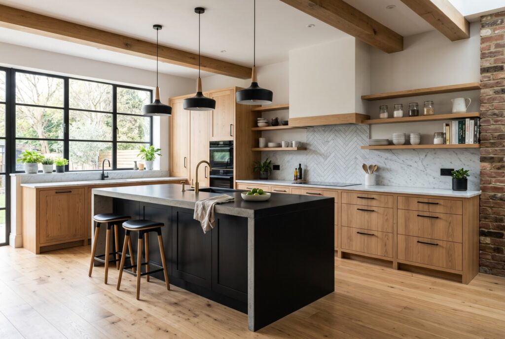 Black kitchen island with natural wood cabinets in a modern industrial kitchen.