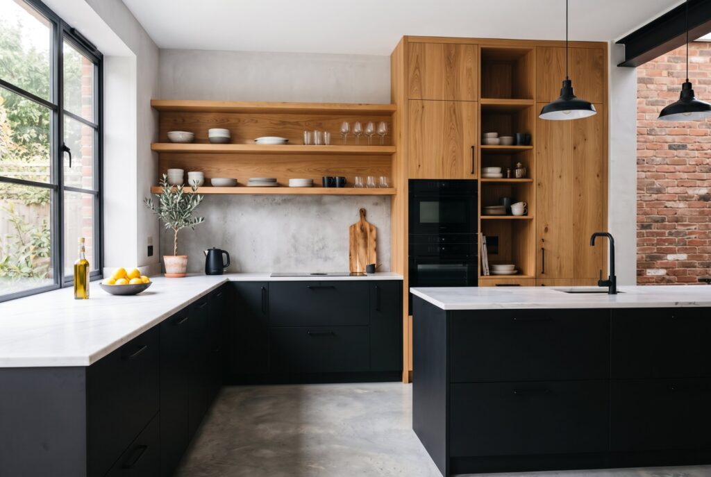 Matte black lower cabinets with oak shelving and cabinets in an industrial kitchen. 