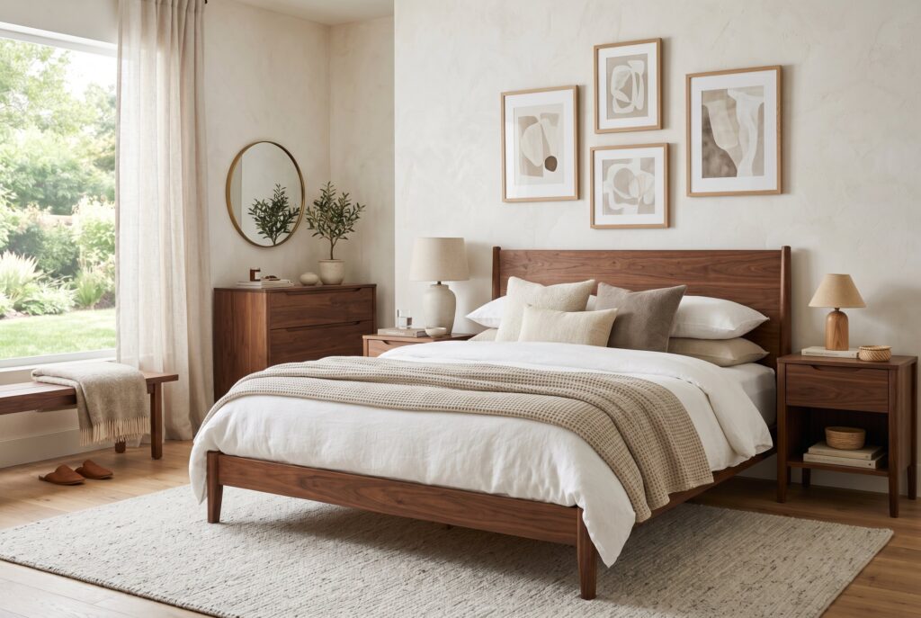 Moody accent wall bedroom for couples with soft neutral bedding and warm lighting. 
