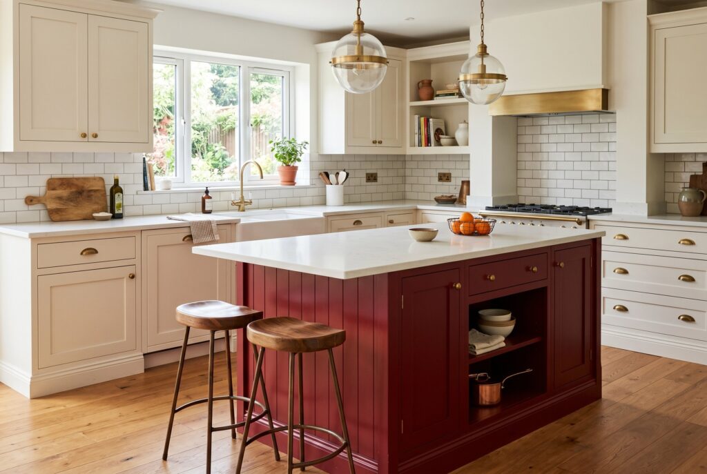 Elegant cream kitchen with burgundy island, brass fixtures, and bright natural light.