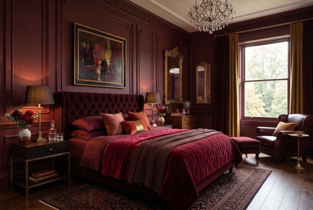 Burgundy bedroom paint ideas with tufted headboard and dramatic red wall paneling. 