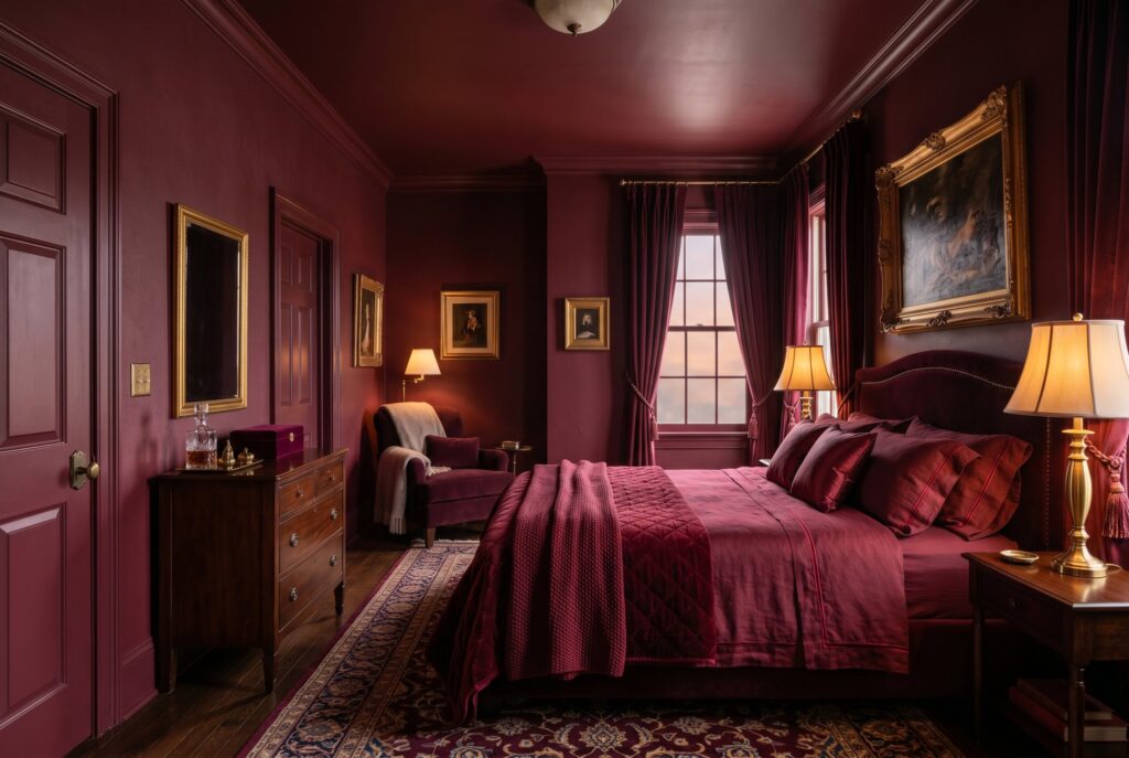 Color drenched red bedroom with burgundy walls, ceiling, and layered velvet textiles. 