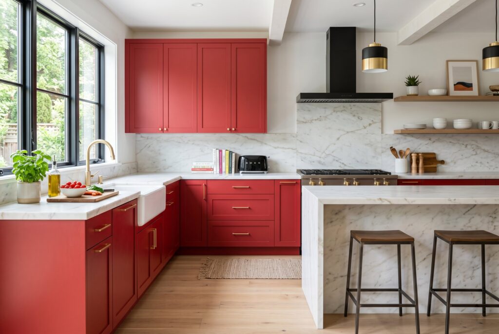 Elegant kitchen with bold red cabinets, marble island, black range hood, and brass hardware. 