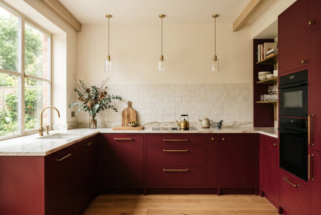 Cozy modern kitchen with dark red cabinetry, brass hardware, marble counters, and warm natural light. 