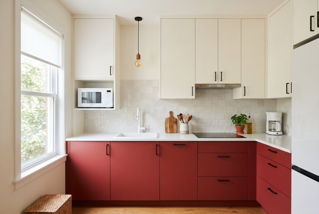 Minimalist kitchen with red lower cabinets, white uppers, and clean Scandinavian-inspired design. 