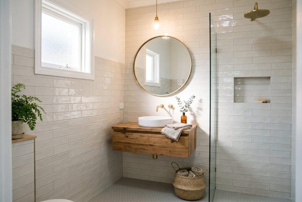 Glossy bathroom tile ideas to reflect light in small modern bathroom design. 