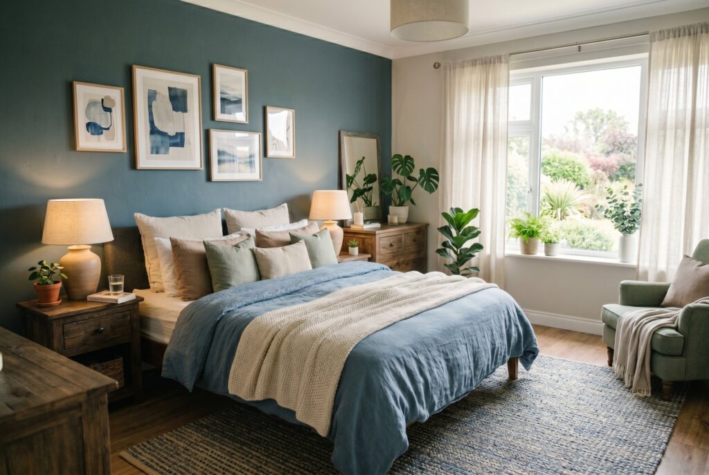 Scandinavian sleep method bedroom with two separate duvets and minimalist wood furniture. 