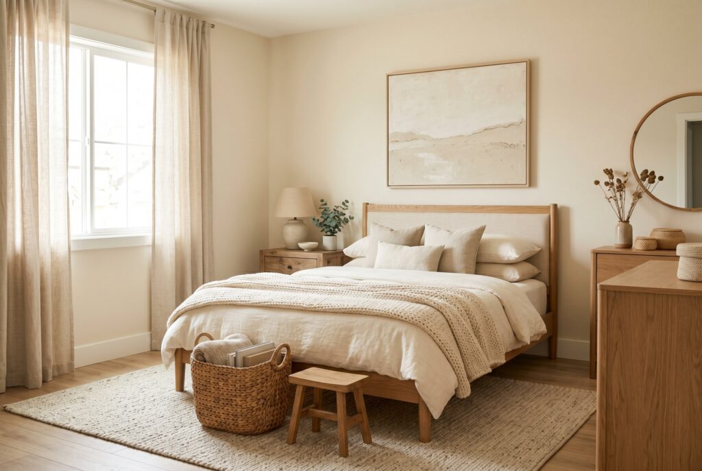 Oatmeal and cream bedroom paint with oak furniture, linen bedding, and woven accents.