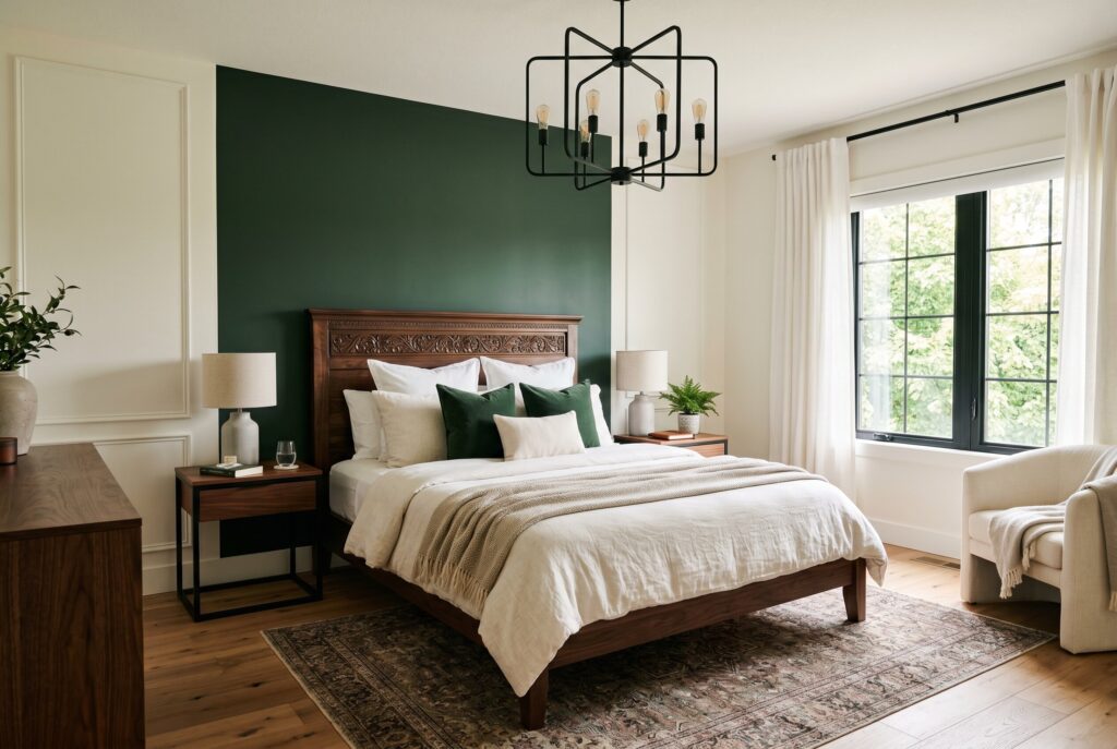 Transitional dark green bedroom with carved wood bed and modern chandelier.