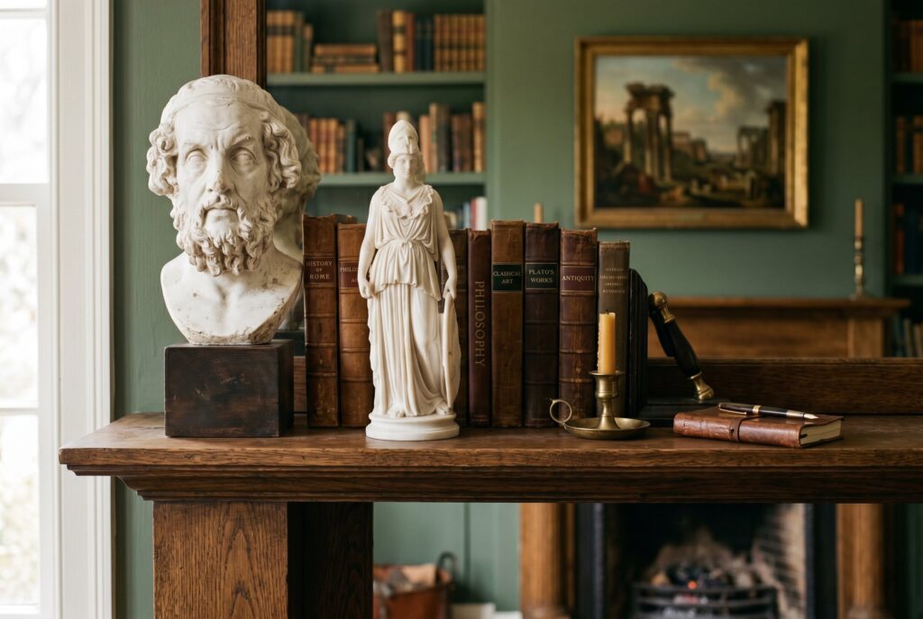 Classical bust sculptures on dark academia bookshelf with vintage books and brass decor. 