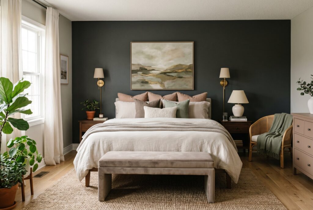 Blue green bedroom ideas for couples with layered bedding and cozy neutral textures. 