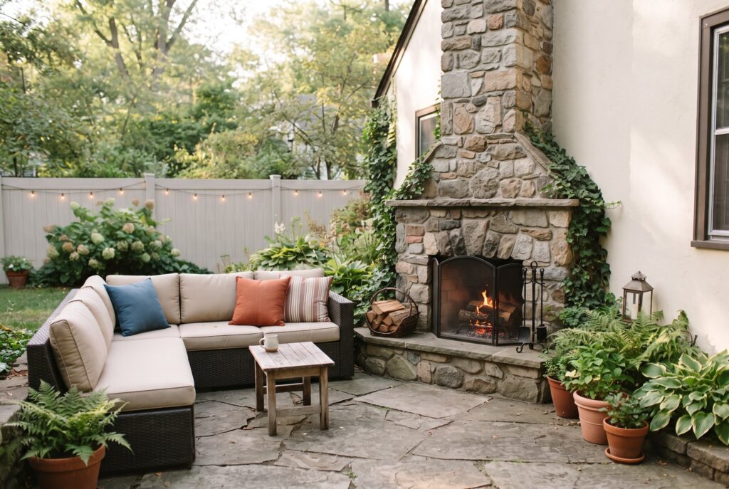 Space saving corner patio fireplace with stone outdoor chimney and cozy seating.
