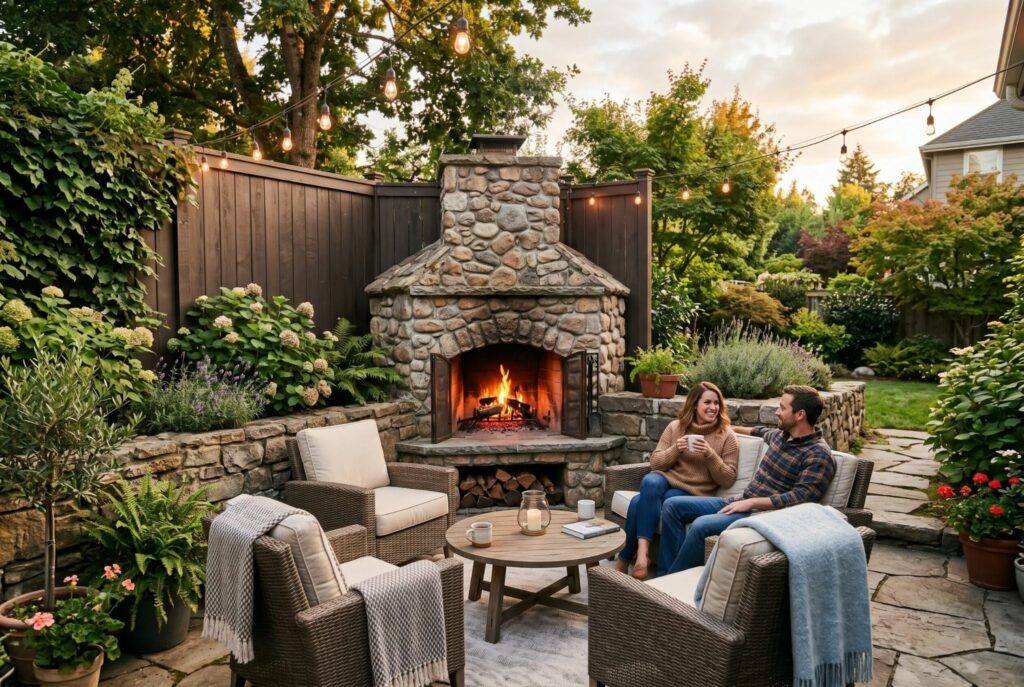 Space saving corner patio fireplace with stone outdoor chimney and cozy seating.