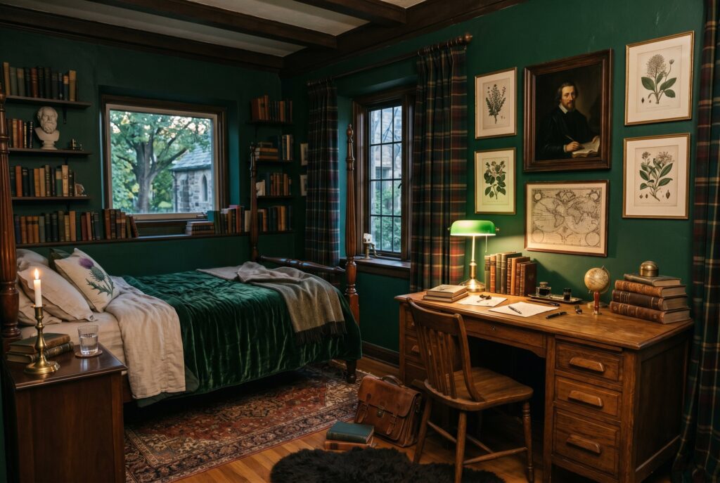 Dark academia bedroom with deep green walls, wood desk, books, and brass lighting.