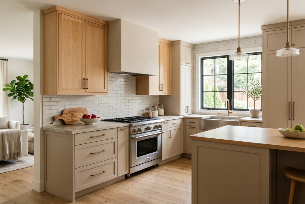 Natural maple and mushroom beige cabinets in a soft neutral contemporary kitchen.
