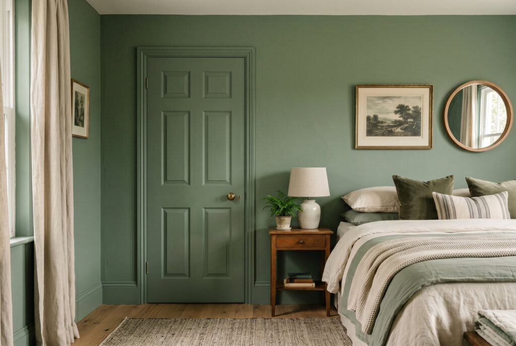 Matching green bedroom door and walls with cohesive color drenched design.