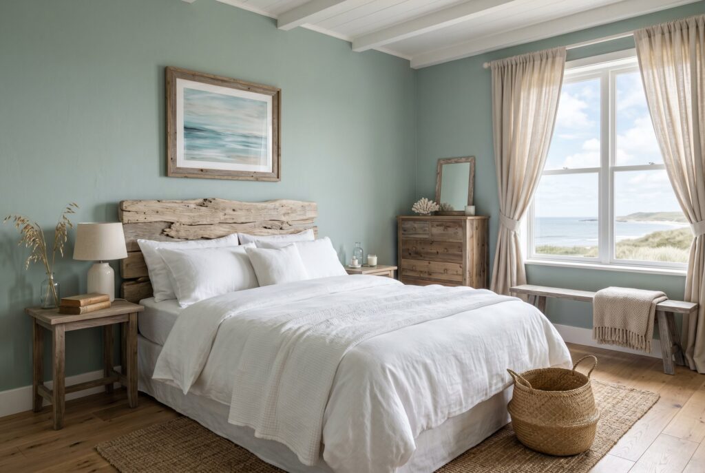 Sage green botanical wallpaper bedroom with neutral bedding and natural textures.