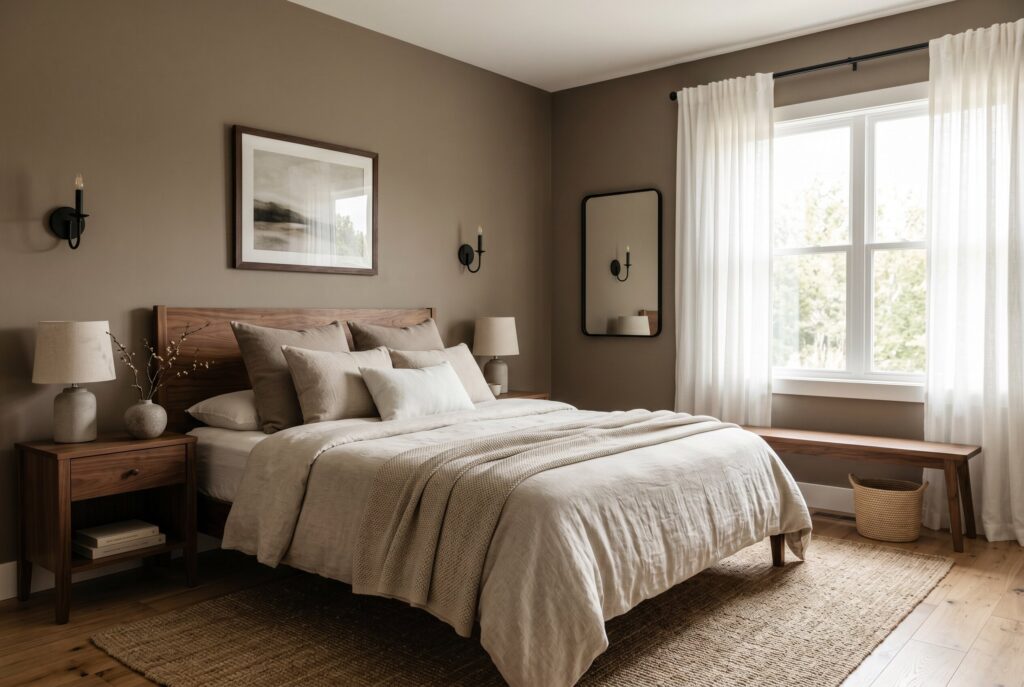 Taupe bedroom with warm neutral bedding, wood furniture, and calm natural lighting.