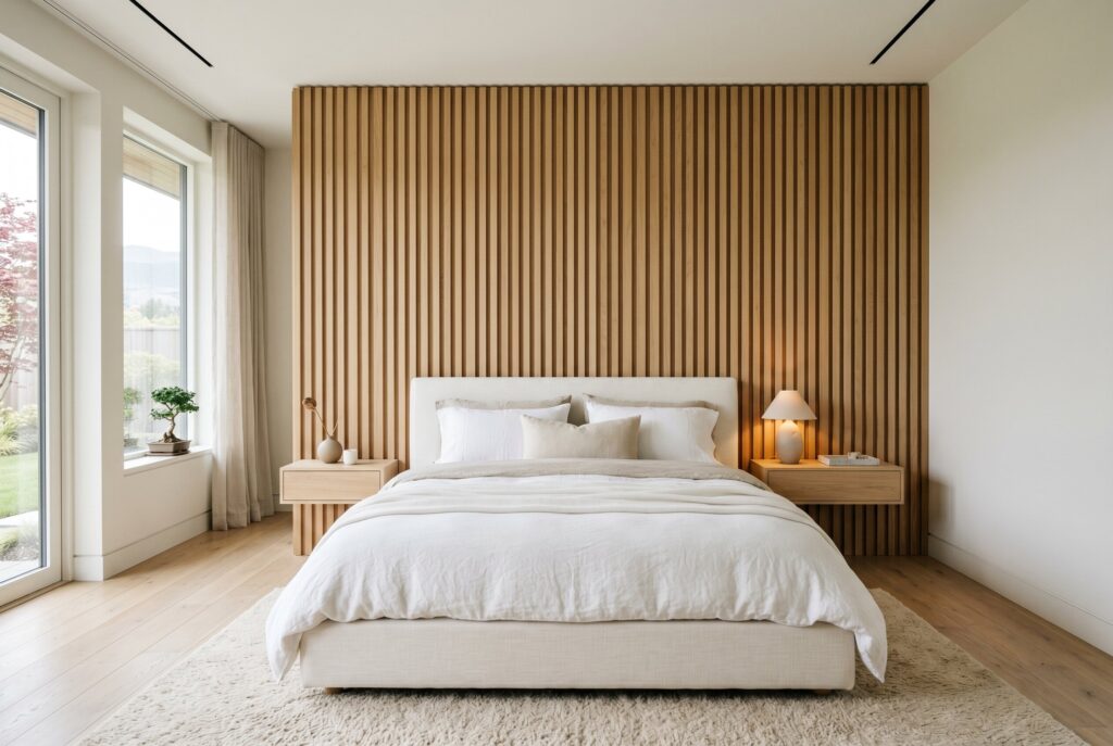 Japandi slatted wood accent wall behind bed in modern white bedroom design.