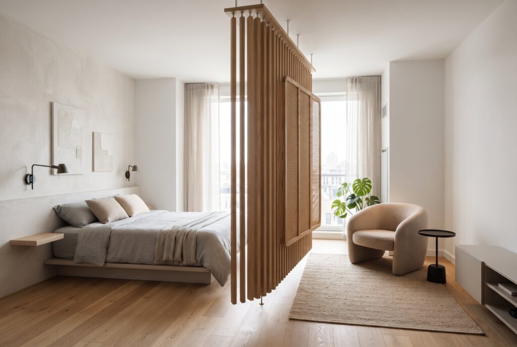 Floating room divider bedroom layout with reading area and modern minimalist furniture.