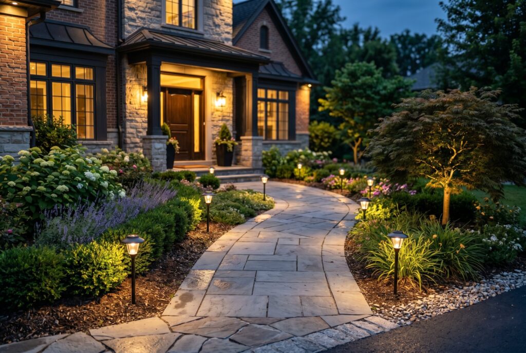 Solar pathway lights along curved front walkway with evening landscape lighting.