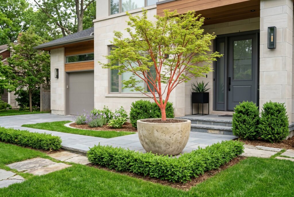 Front yard focal point with ornamental tree, planter, and symmetrical garden design.