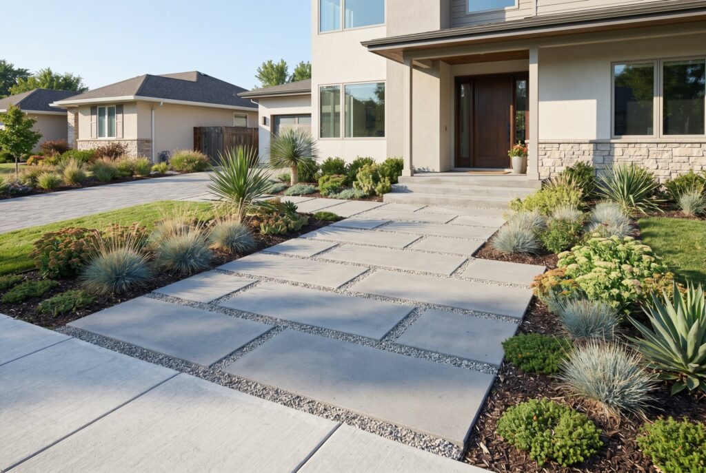 Large scale paver walkway with ornamental grasses and minimalist curb appeal landscaping.