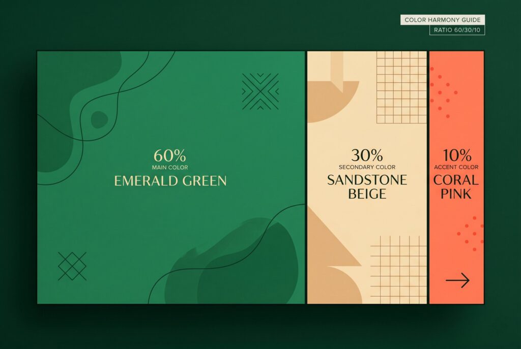 60 30 10 color rule infographic with emerald green, sandstone beige, and coral palette. 