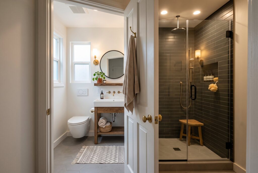Shower hidden behind the bathroom door with dark tile and warm accent lighting. 