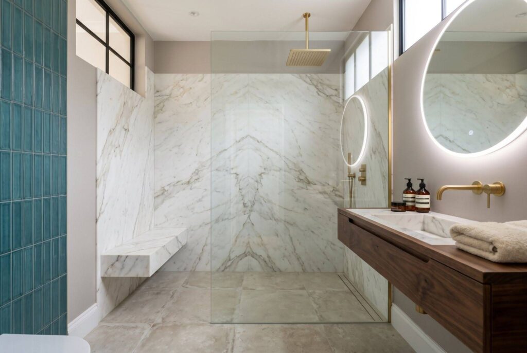 Floor to ceiling bathroom tile ideas with floating vanity and spa inspired shower design. 