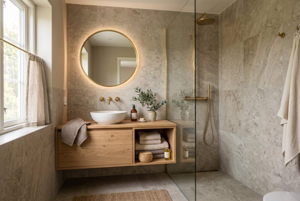 Warm greige stone look tile ideas with brass fixtures and spa inspired bathroom decor. 