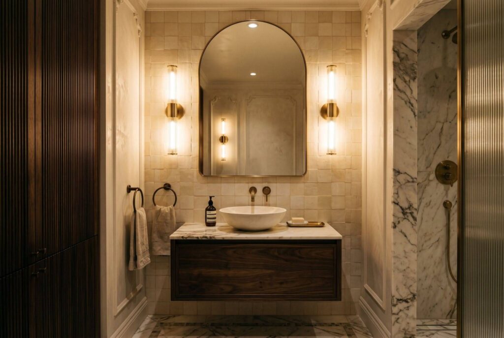 Modern bathroom sconces with warm lighting and hotel style small bathroom design. 