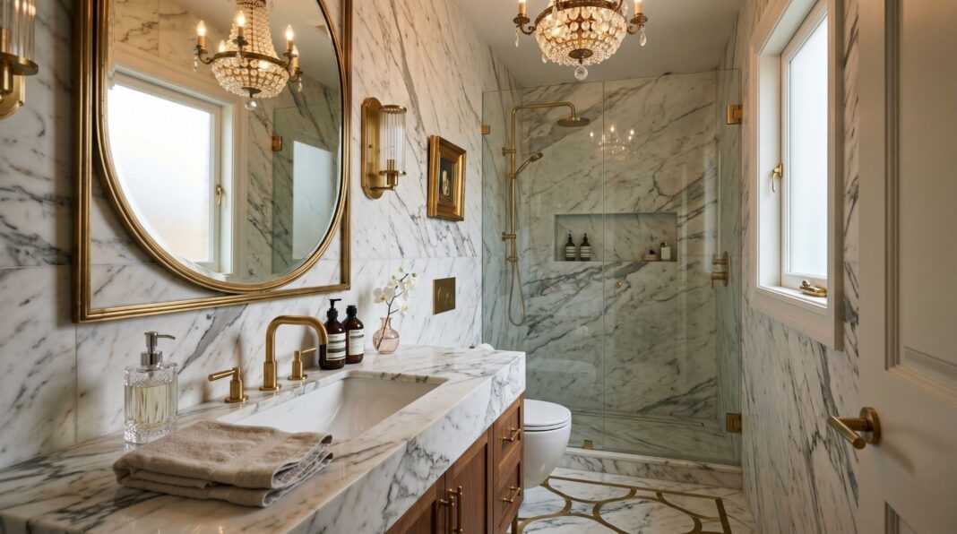 Small bathroom ideas with marble walls, floating vanity, and luxury bathroom design inspiration.
