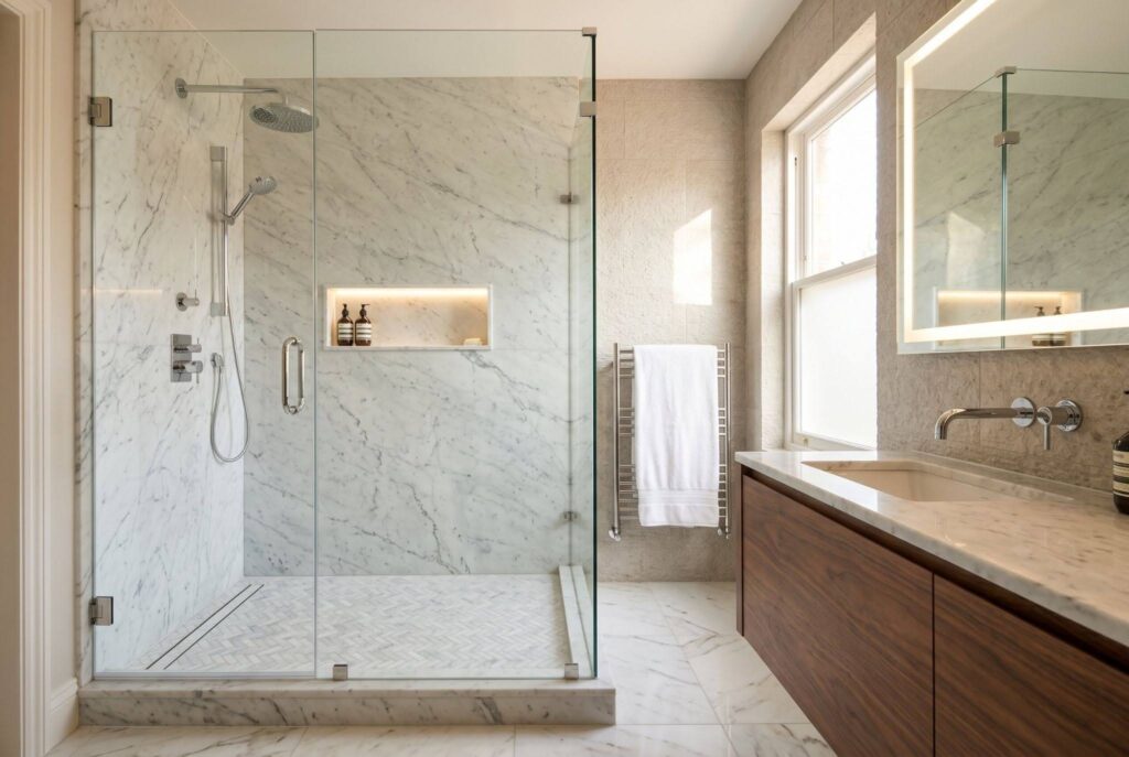 Small bathroom walk in shower ideas with frameless glass and floor to ceiling tile. 