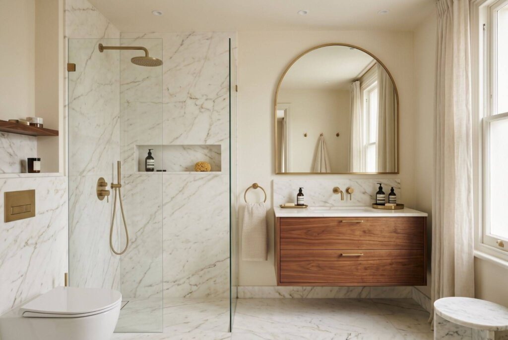 Minimal small bathroom design with consistent marble tile and wood vanity finishes. 