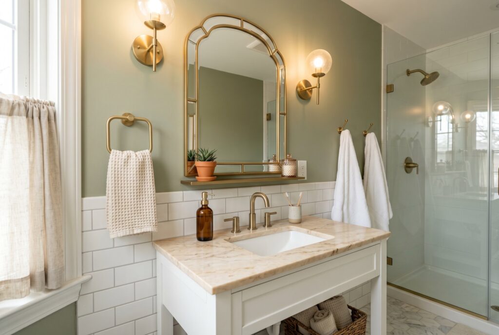 Builder grade bathroom upgrade ideas with brass mirror and modern vanity lighting. 