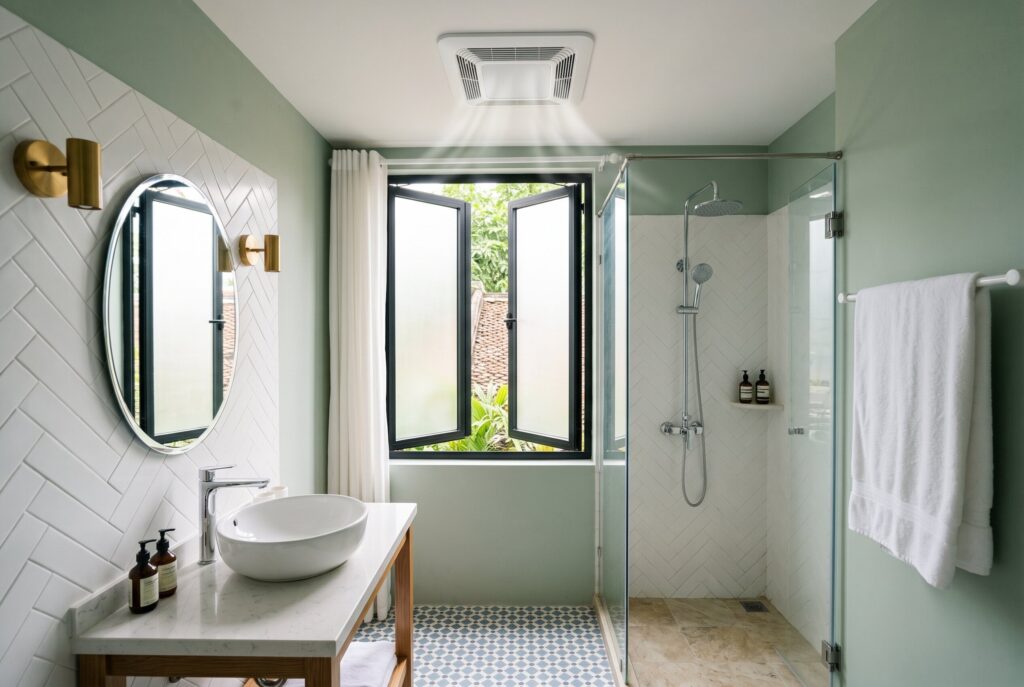 Bathroom ventilation upgrade ideas with frameless shower and green wall paint. 