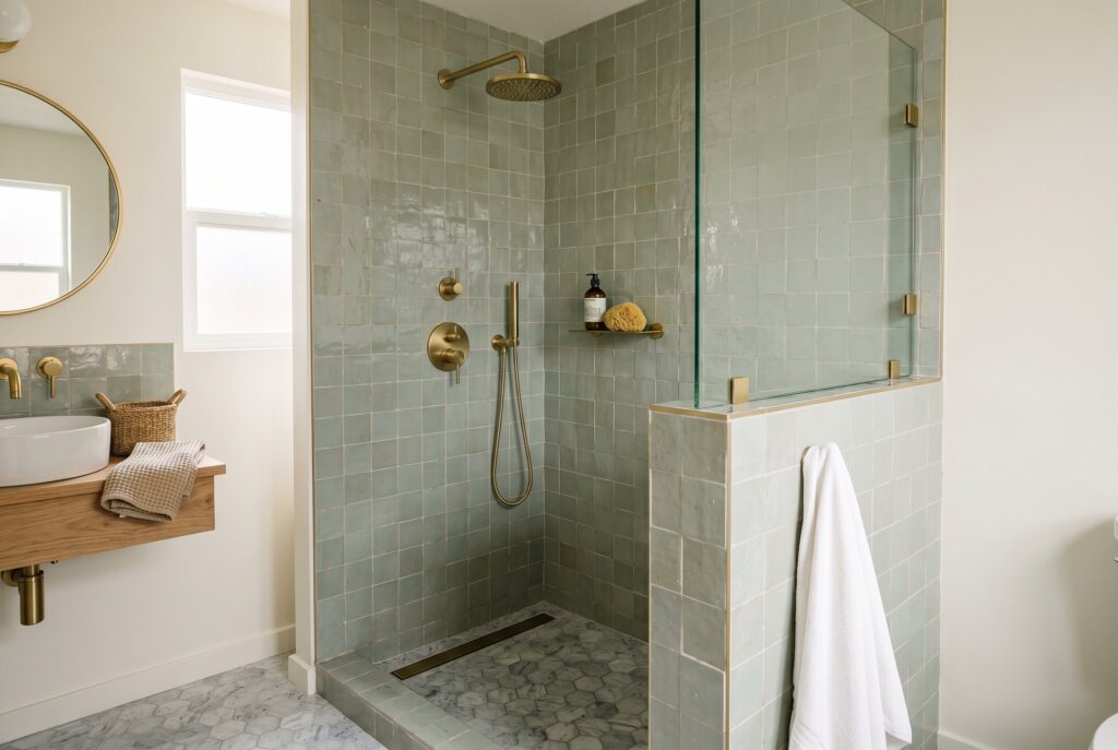Doorless walk in shower with fixed glass panel and spa inspired small bathroom design. 