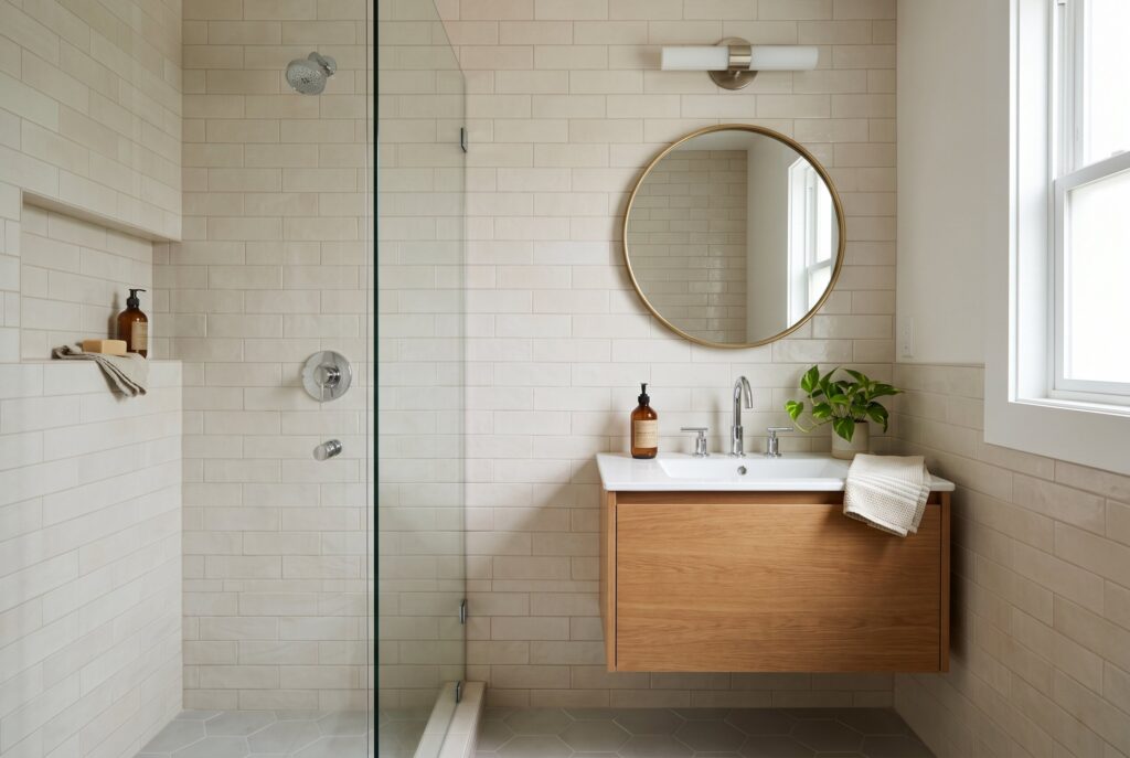 Thin grout line bathroom tile ideas with matching grout and minimalist bathroom styling. 