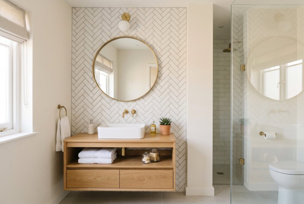 Herringbone bathroom tile ideas with wood vanity and minimalist shower enclosure. 