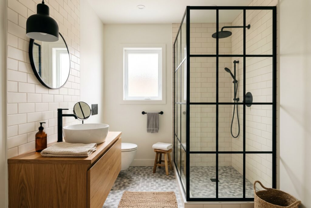 Black framed glass shower ideas with wood vanity and modern industrial bathroom style. 