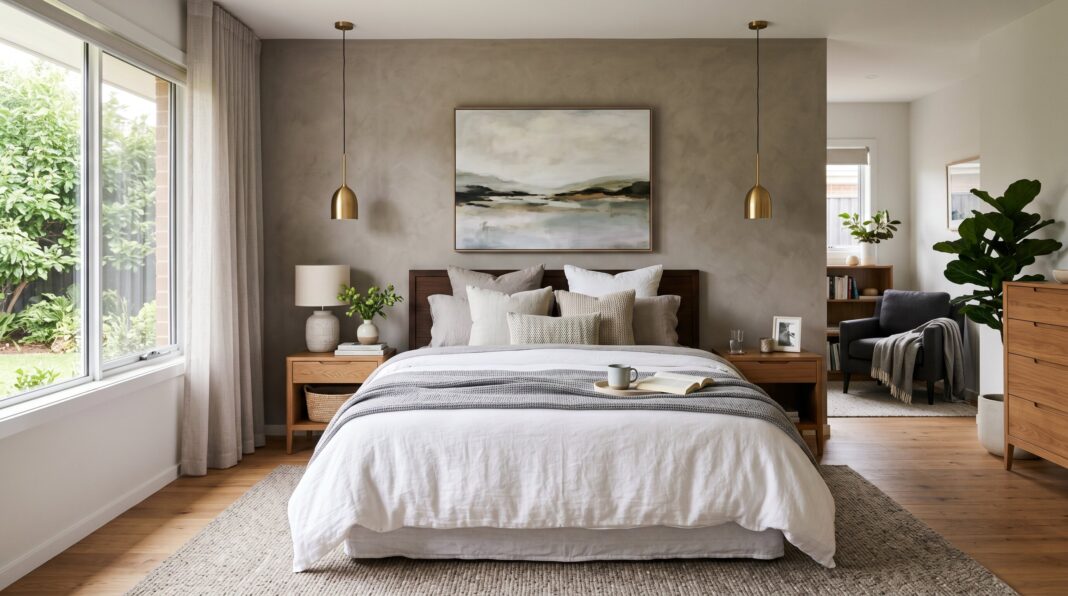 Bedroom ideas for couples with symmetrical nightstands and warm neutral bedroom decor.