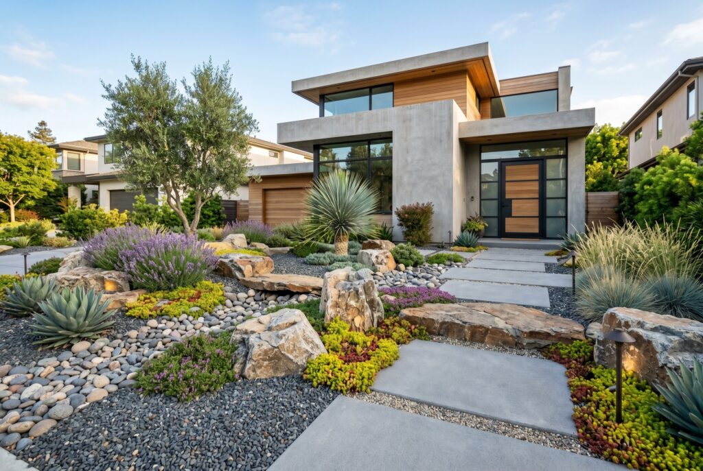 Modern rock garden landscaping with boulders, gravel, and drought tolerant plants.