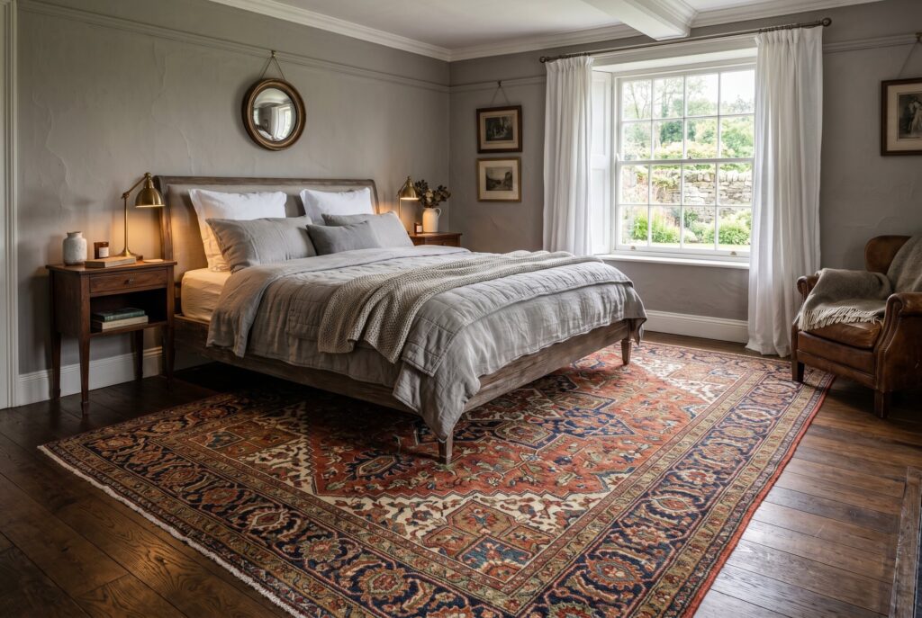 Large vintage rug in gray bedroom with layered warm earthy accent colors. 