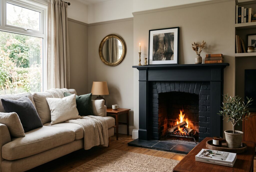 Matte black painted corner fireplace with warm neutral furniture and modern fireplace decor. 