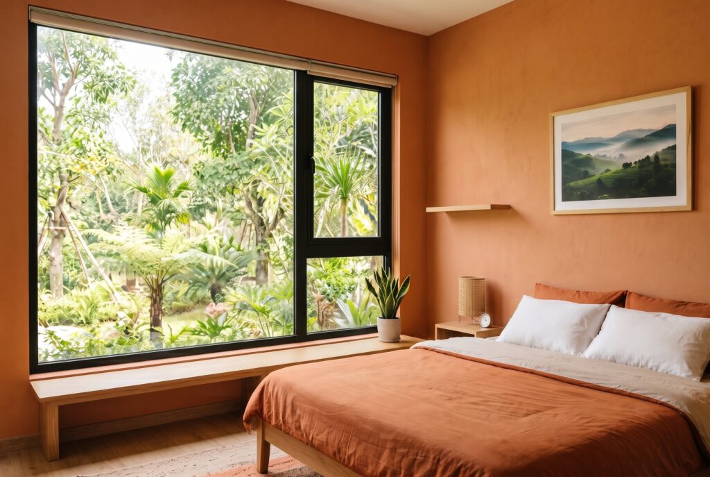 Terracotta minimalist bedroom with built in window bench and warm earth tone decor. 