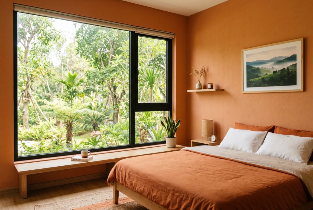 Terracotta minimalist bedroom with built in window bench and warm earth tone decor. 