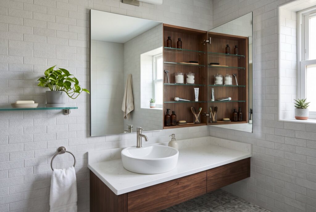 Hidden bathroom storage behind mirror with recessed medicine cabinet organization. 