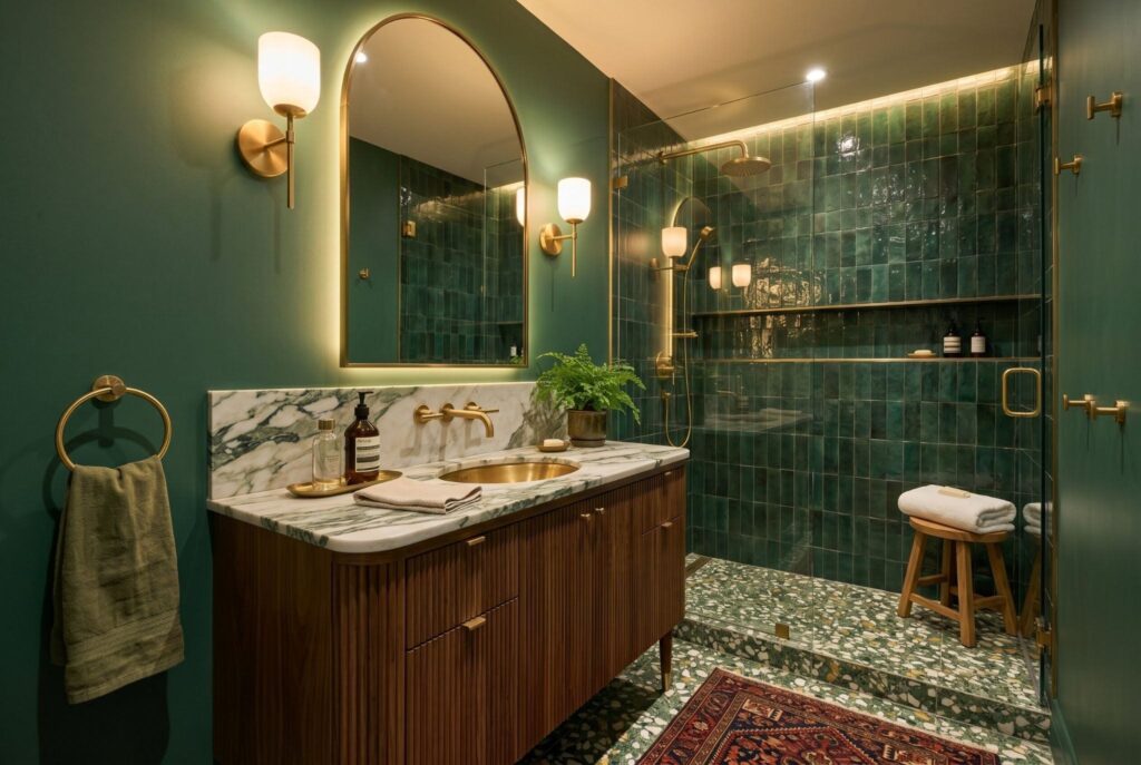 Moody green small bathroom ideas with marble vanity and luxury lighting fixtures. 
